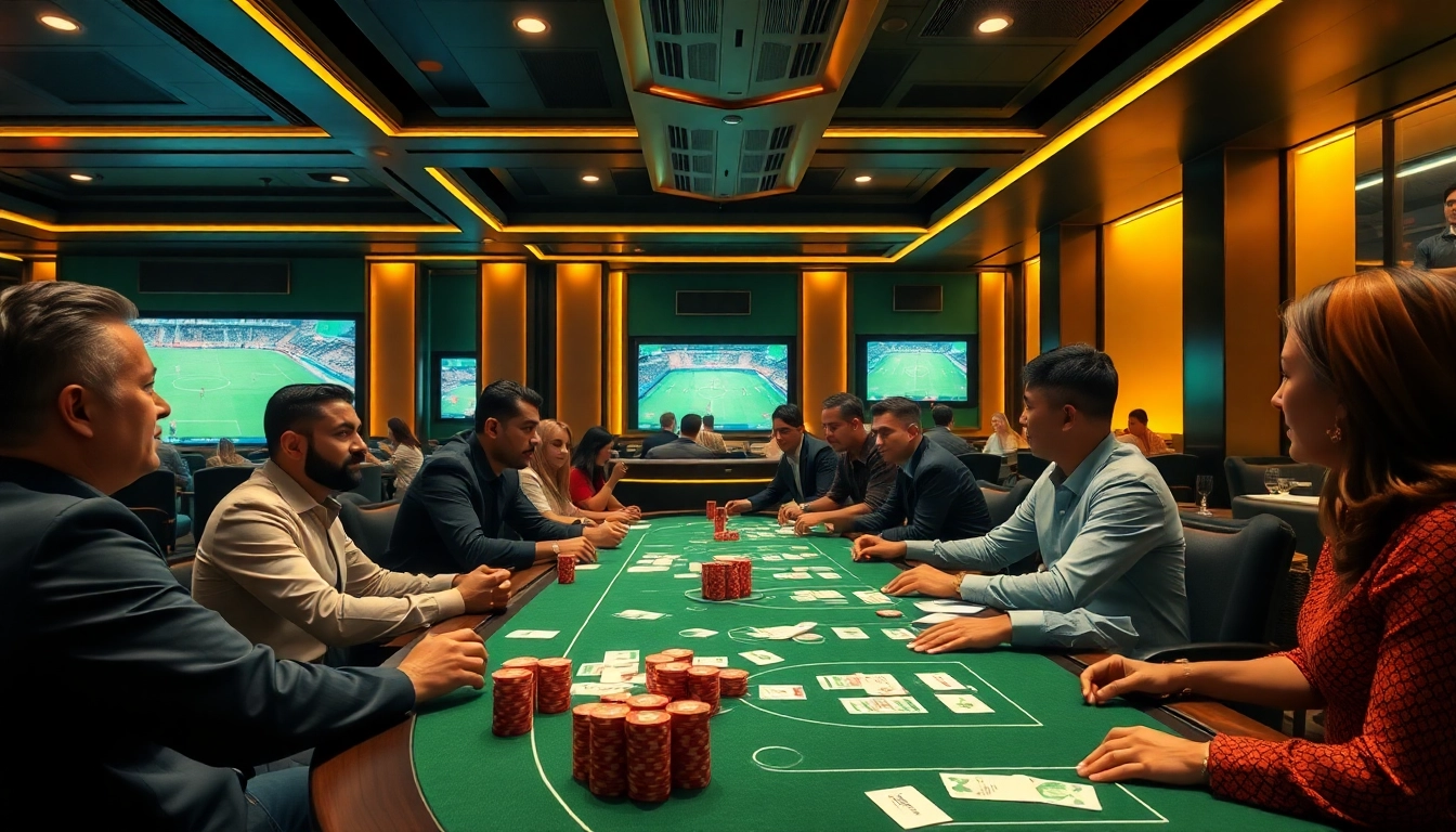 Engaged bettors enjoying Judi Bola Resmi with vibrant sports betting lounge atmosphere.