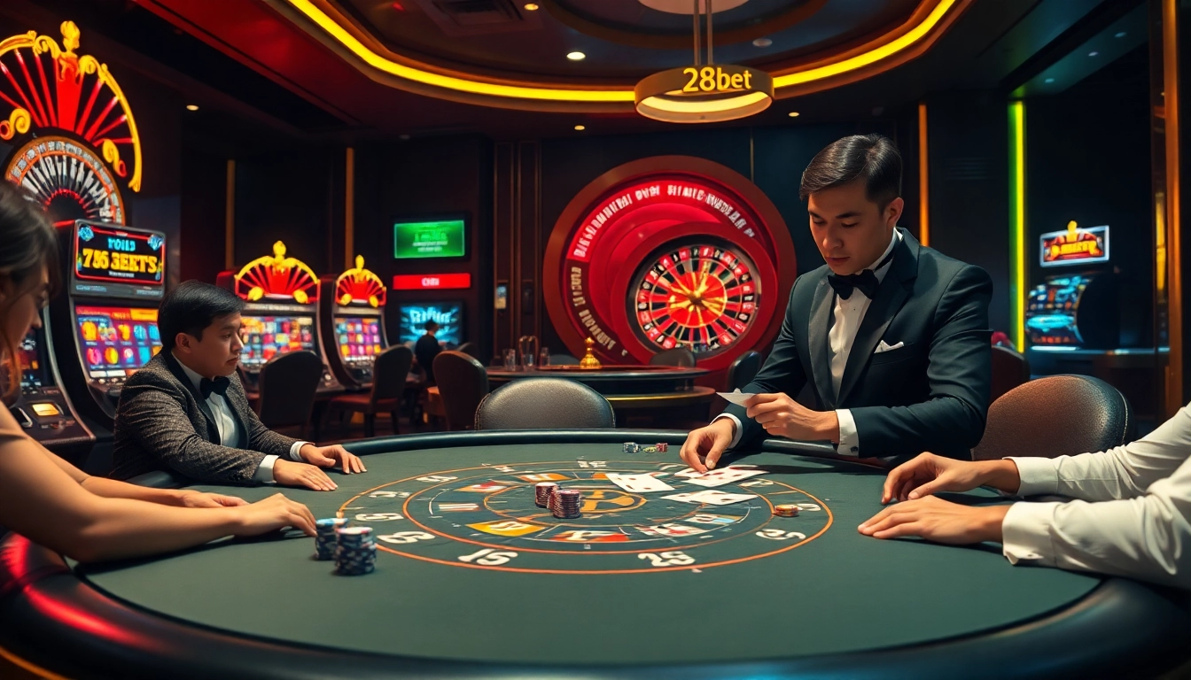 Engage in thrilling gameplay with the 28bet game featuring luxurious casino elements like poker chips and a roulette wheel.