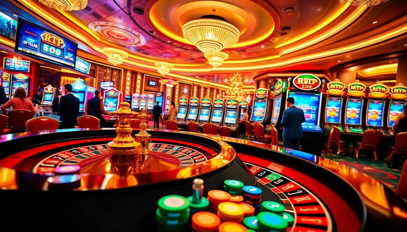 Experience vibrant RTP Slot Live action at a luxurious casino table with eager players.