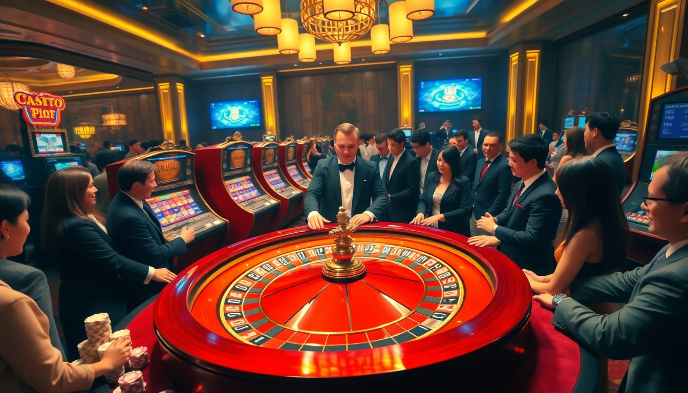 Experience the thrill of gambling at nhà cái dh88 with a vibrant roulette table and excited players.