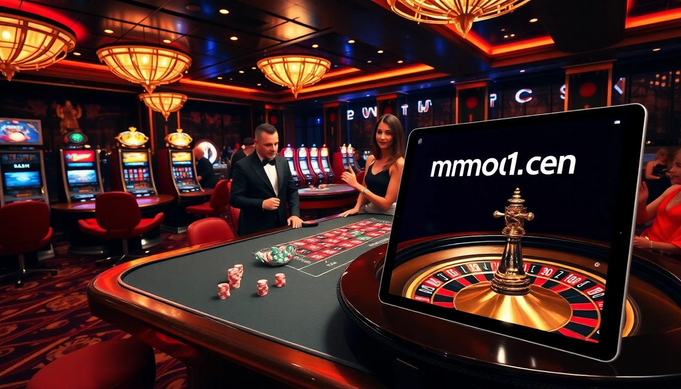 Experience excitement at https://mmoo1.de.com/ with a vibrant luxury casino scene featuring roulette and poker.