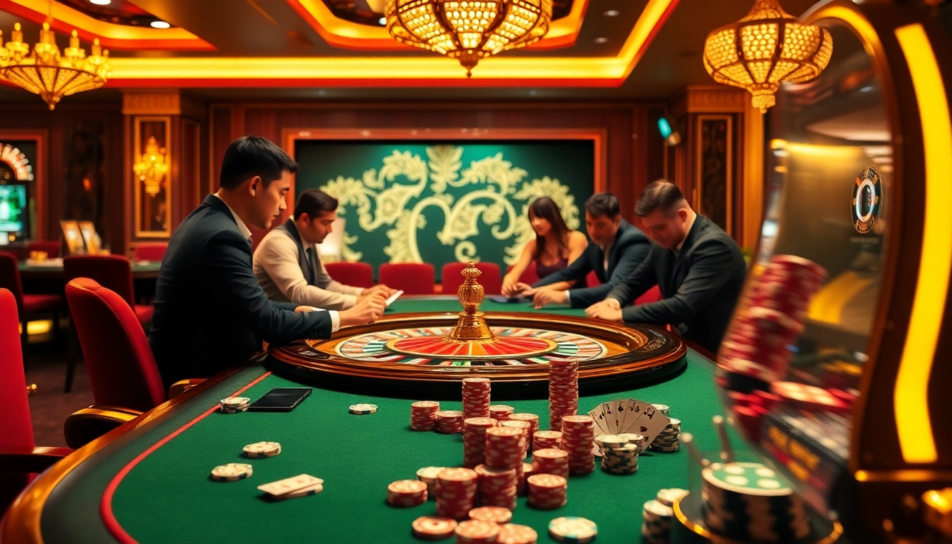 Action-packed casino scene at nhà cái sx88 featuring players engaged in poker, spinning roulette, and vibrant slot machines.