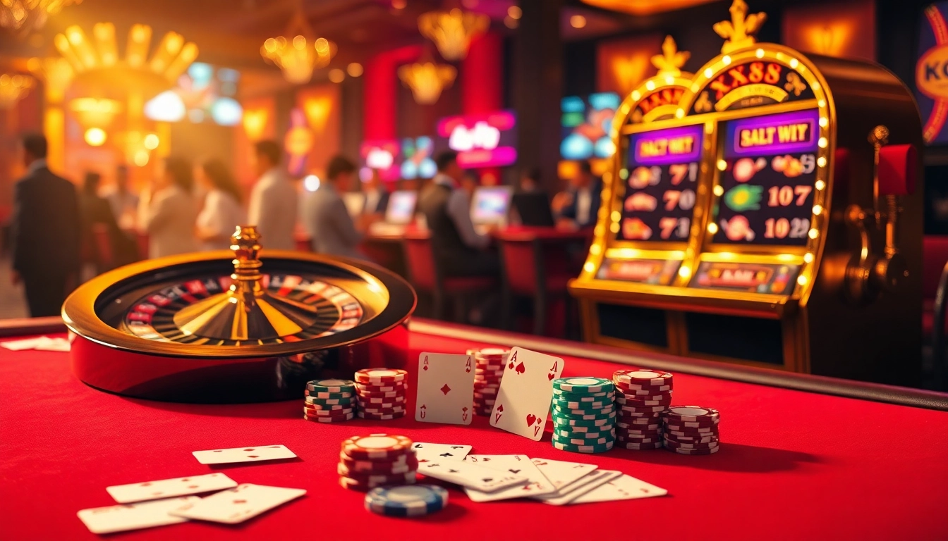 Intense gaming action at nhà cái XX88 casino with poker chips, cards, and a spinning roulette wheel.