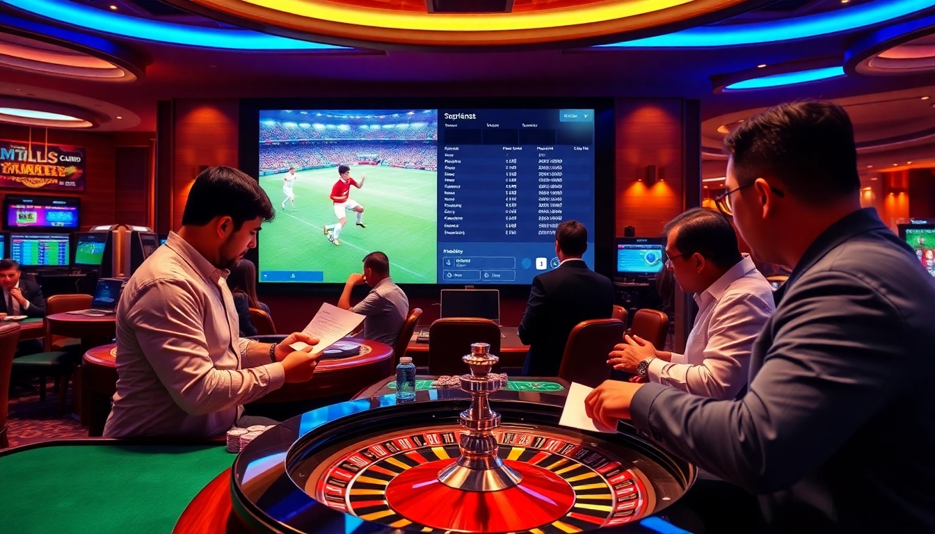 Exciting Judi Bola Resmi betting scene with enthusiastic gamblers at a vibrant casino table.