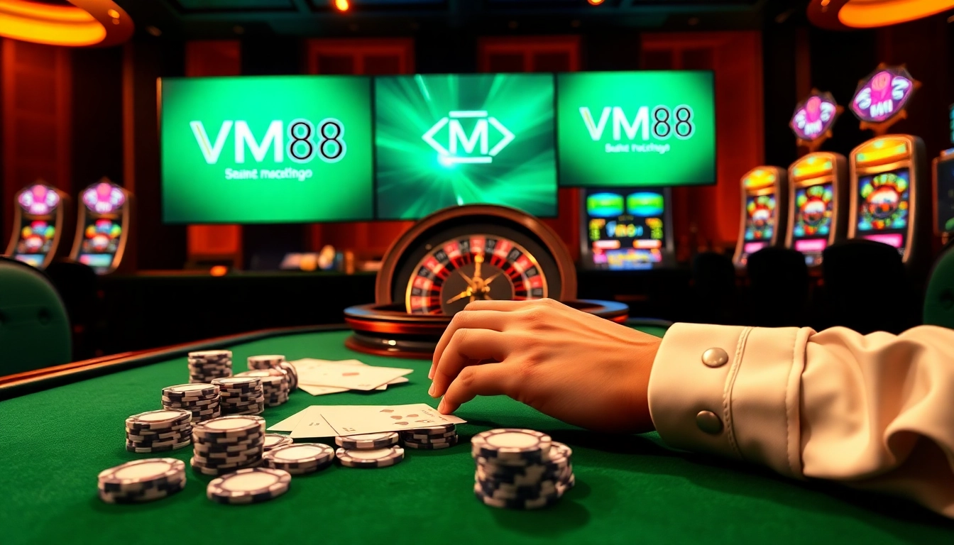 Professional gambler strategically placing bets with VM88 poker chips on luxury casino table