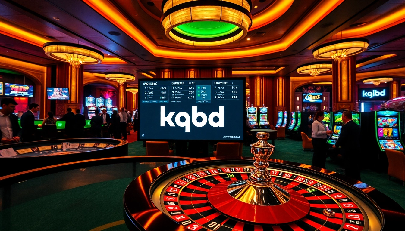 KQBD displays electrifying live football scores and betting odds in an upscale casino setting.