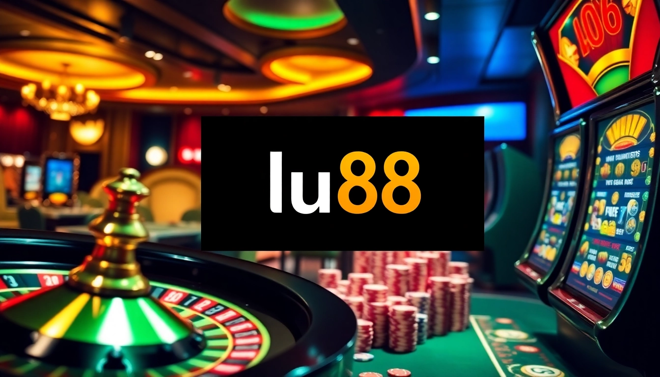 Engage with thrilling gambling action at lu88 featuring poker chips, roulette, and slot machines.
