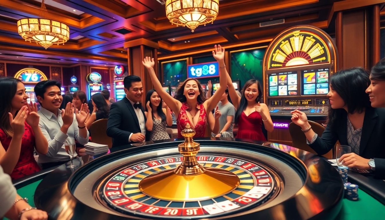 Players enjoying a thrilling roulette game at the tg88 casino, capturing excitement and luxury.
