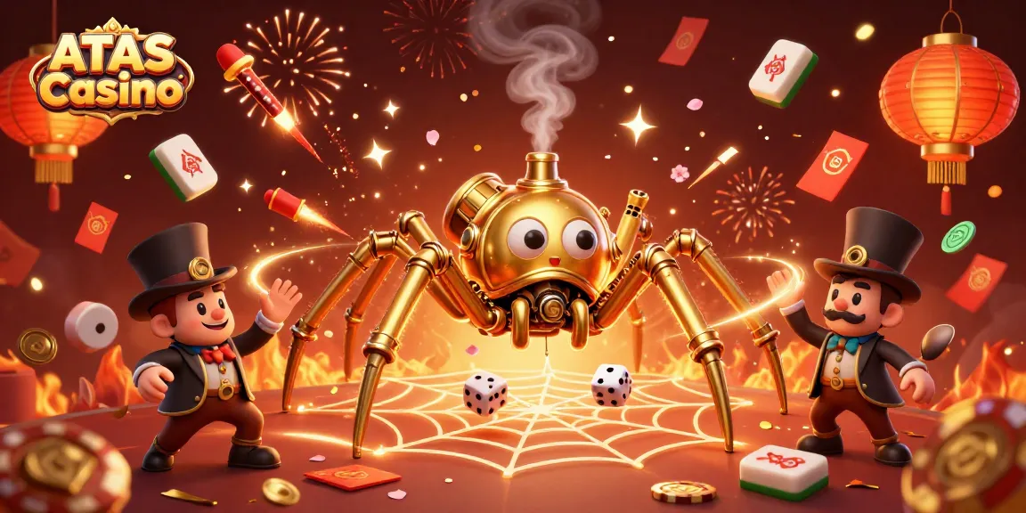 Engage in thrilling gameplay at ATAS Casino with a 3D cartoon steampunk spider and golden game elements.
