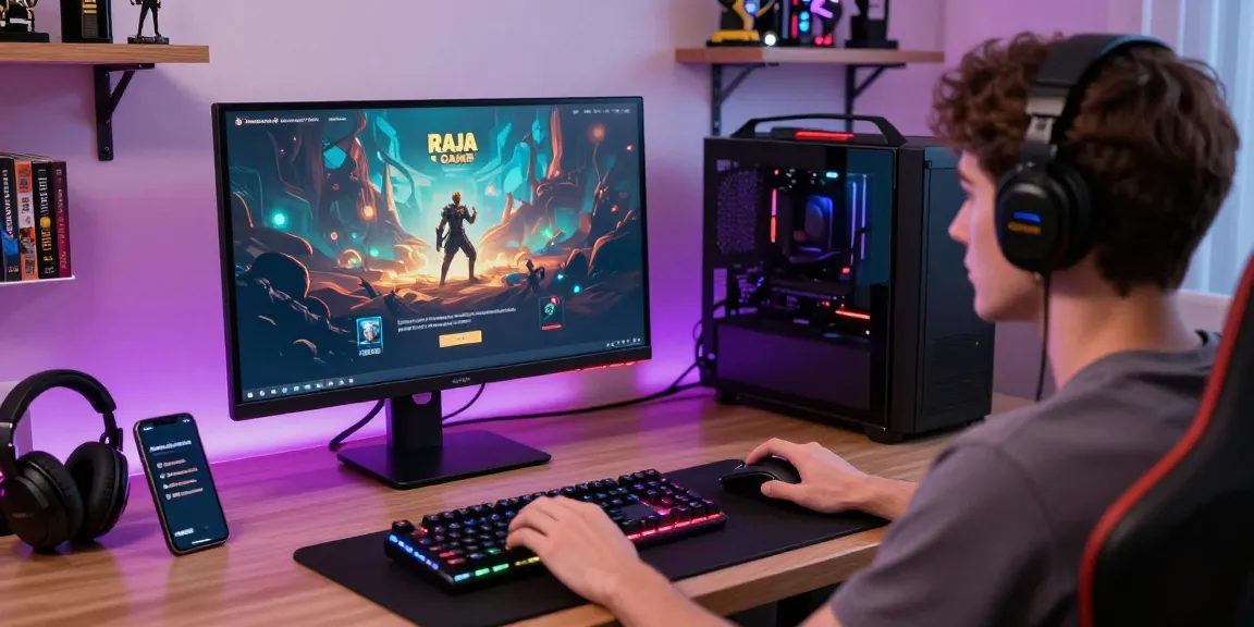 Raja Game login interface with user focused on vibrant gaming setup.